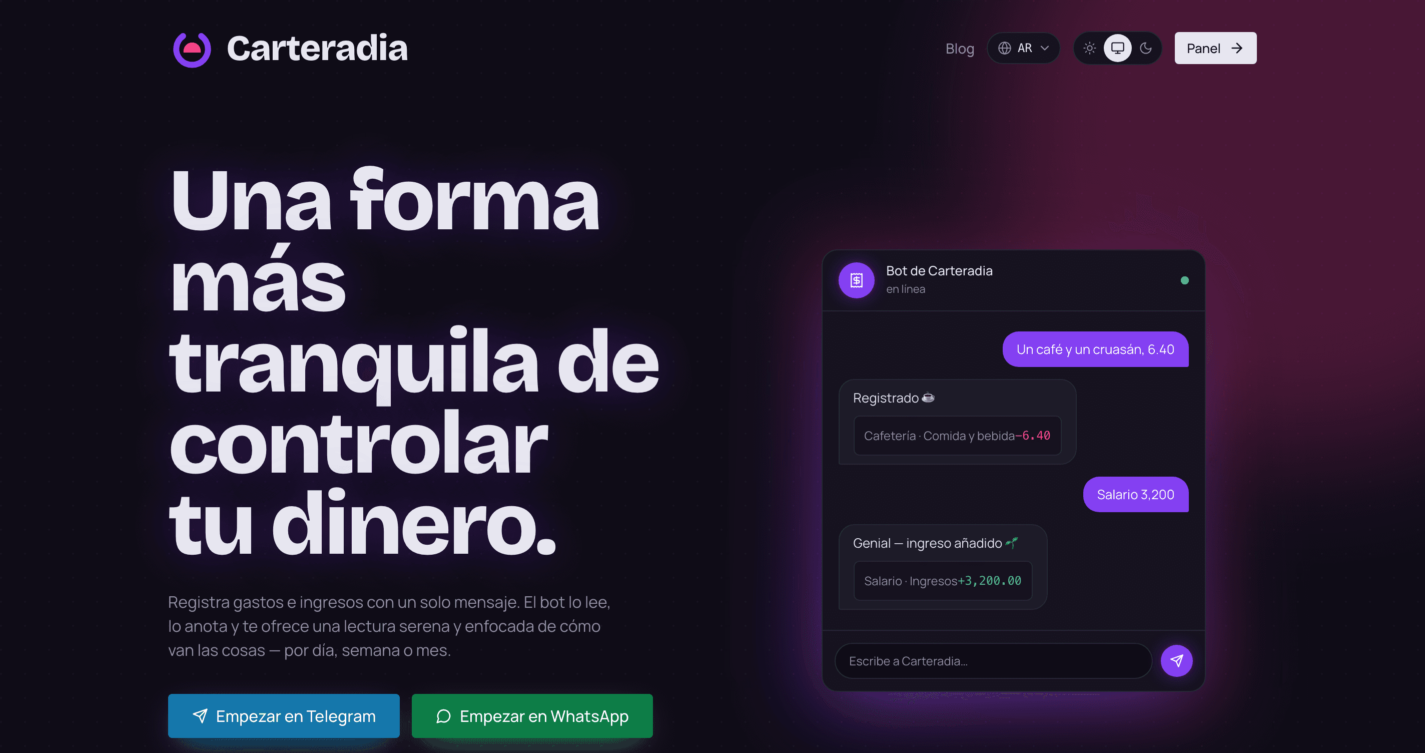 Carterdia landing page with a chat logging expenses through the WhatsApp bot